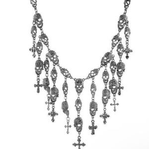 BETSEY JOHNSON SKULL CROSS TASSEL CHAIN STATEMENT NECKLACE